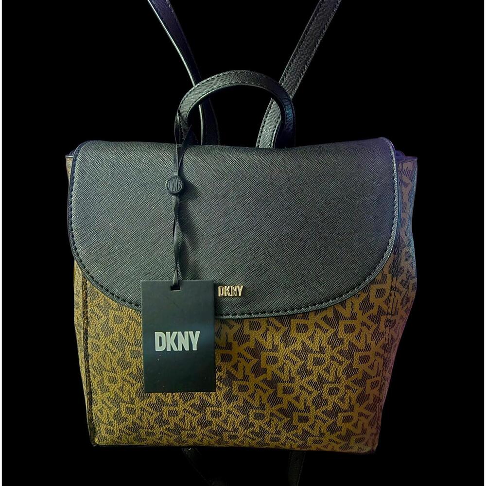 Brown And Black "DKNY" Backpack With Black Straps And Gold Emblem NWT